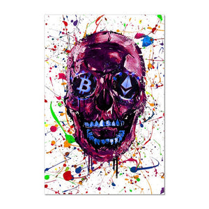 Frameless Colorful Bitcoin Graffiti Skull Canvas Painting