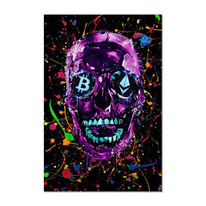 Frameless Colorful Bitcoin Graffiti Skull Canvas Painting