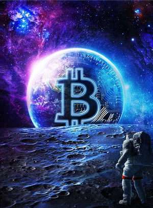 Frameless Planet Moon Golden Bitcoin Space Canvas Painting