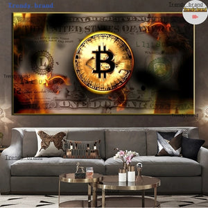 Frameless Vintage Burning Bitcoin Dollar Money Canvas Painting