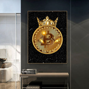 Golden Bitcoin Crown Wall Art Canvas Painting