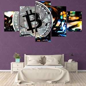 5 Pieces Silver Bitcoin Canvas Painting